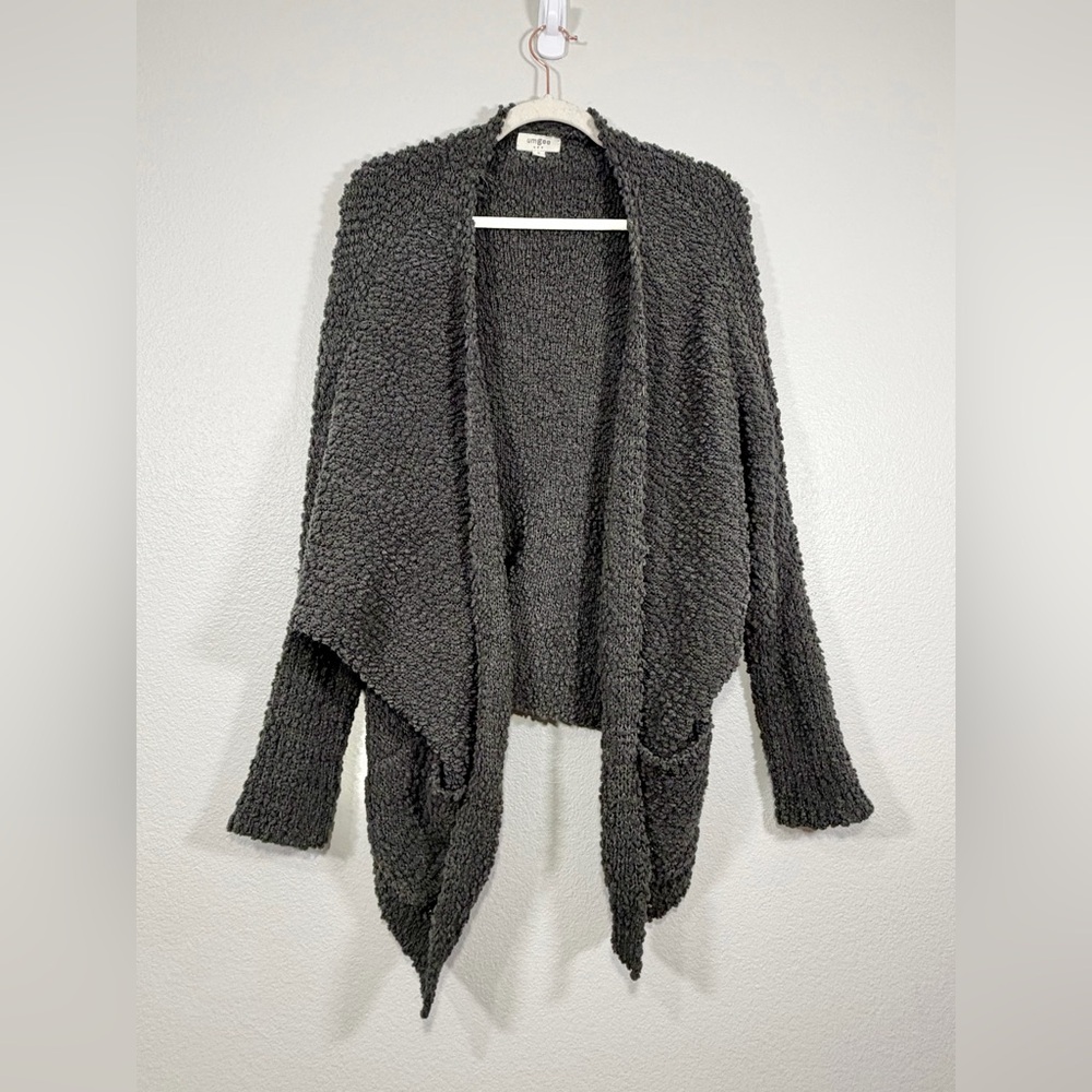 Umgee Cardigan Popcorn Knit Waterfall Open Sweater Charcoal Grey Green Women S